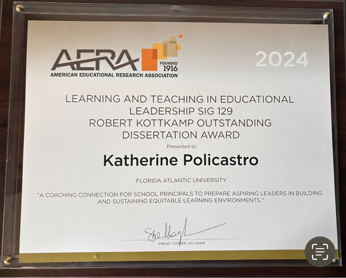 Thank you AERA and LTEL SIG for this recognition. So grateful for the support I’ve recieved @Edlead_FAU throughout my journey! Grateful for an amazing weekend at #AERA2024 💙💙💙