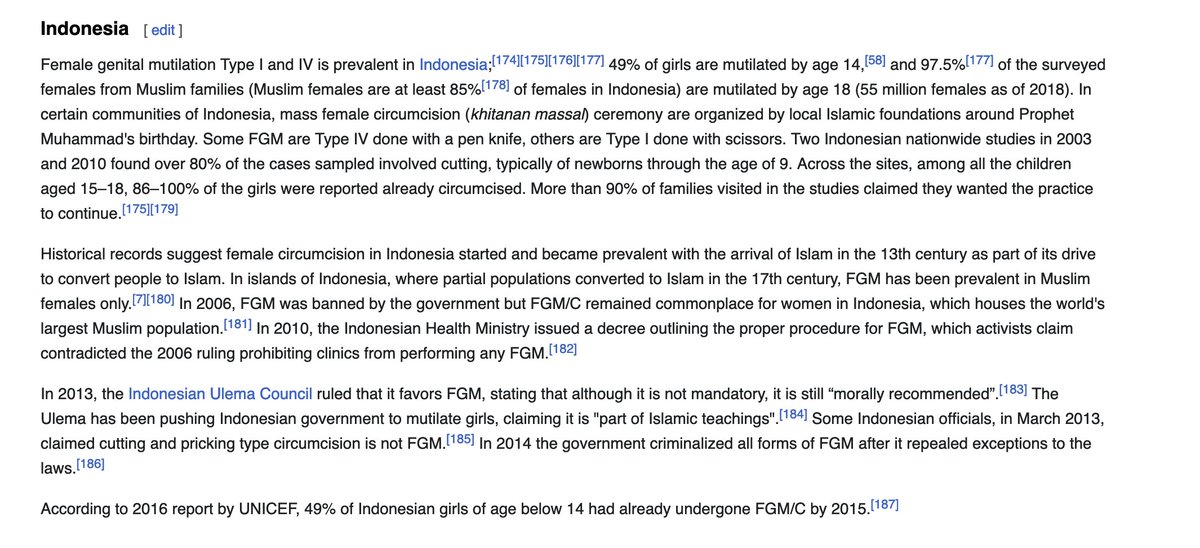 Vrouwelijke genitale verminking komt ook in islamitische landen in Azië voor. Zo zou de overgrote meerderheid in Indonesië, 80−100% vd vrouwen in Iraaks Koerdistan, mogelijk meer dan 80% vd vrouwen in Oman en 94% vd vrouwen in Maleisië zijn besneden(...) en.wikipedia.org/wiki/Prevalenc…