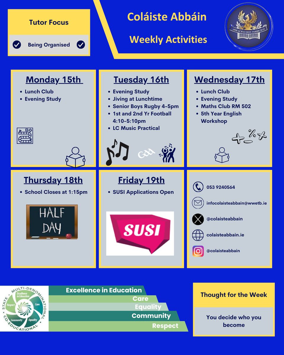 Check out what’s happening this week in CA. Classes will finish Thursday at 1:15 for staff training. More info can be found on our website under letters to families. Best wishes to our LC Music students who have their practicals this week. #weeklyschedule