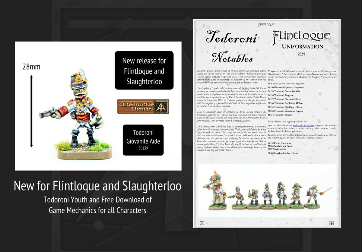 alternat_armies's tweet photo. New Todoroni! A callow youth sculpted by Nikki Chatwin. Also full free article to download with game rules for all the Todoroni Characters. Get into Flintloque! See the article.
#alternativearmies #flintloque #slaughterloo #wargaming #tabletopgaming
https://t.co/EUiati4bfh https://t.co/d5x1M0RaNz