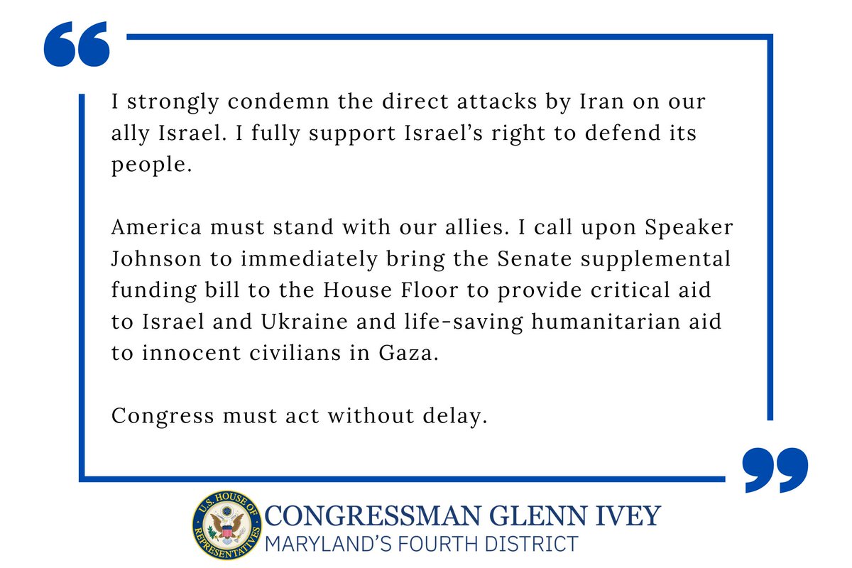 I strongly condemn the direct attacks by Iran on our ally Israel. I call upon @SpeakerJohnson to immediately bring the Senate supplemental funding bill to the House Floor to provide critical aid to Israel & Ukraine and life-saving humanitarian aid to innocent civilians in Gaza.