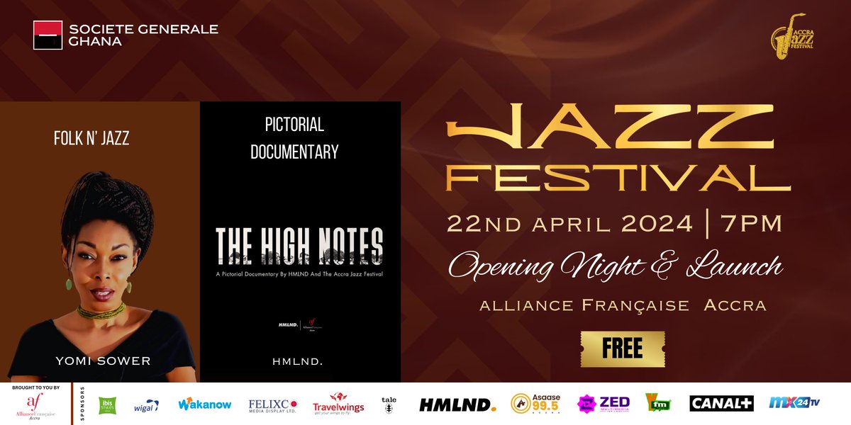 Join us for an enchanting evening at the Launch & Opening Night of the Societe Generale Ghana Jazz Festival. Delight in soul-stirring performances by @YomiSower, while indulging in a curated pictorial exhibition by @wearehomeland. 📅 April 22 🕖 7PM 📍 La Paillotte, AF Accra