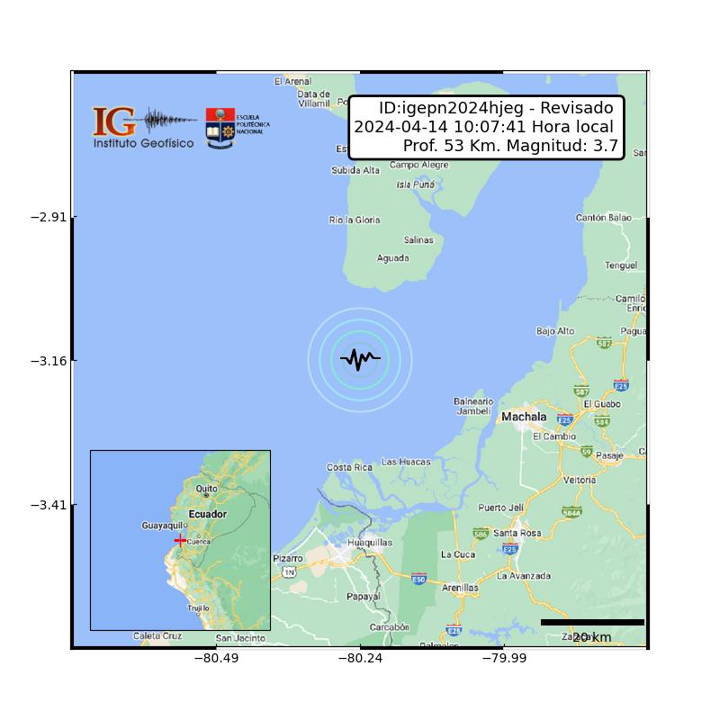 IGecuador's tweet photo. #SISMO ID:igepn2024hjeg Revisado 2024-04-14 10:07:41 TL Magnitud: 3.7 Profundidad: 53 km, a 33.03 km de Machala, El Oro, Latitud: -3.16 Longitud:-80.24 Ecuador. Sintió este sismo? https://t.co/8JKcsNK5xO