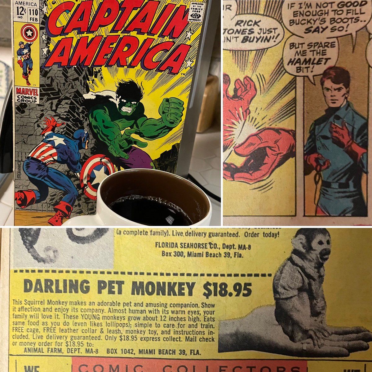 COFFEE with CAP! - I don’t know what’s cooler in this 1969 issue of CAPTAIN AMERICA. Rick Jones becomes the new Bucky? First appearance of Madame Hydra? Or the fact I can buy a live monkey and have it mailed to my house for $18.95?