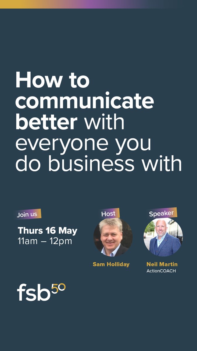 If you want to learn more about the key skill of #communication to help you get your business message through, then why not join our special free, national webinar next month? 

Join our speaker Neil Martin from ActionCoach #Cheltenham by registering at  go.fsb.org.uk/49xHmGB