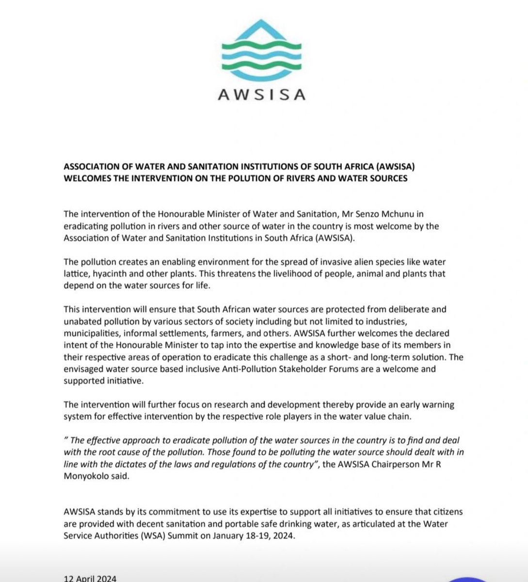 🚨Media Statement🚨 The Association of Water and Sanitation Institutions of South Africa (AWSISA) welcomes the intervention on the pollution of rivers and water sources. @DWS_RSA @SaveTheVaal @afriforum @WaterCANsa #AWSISA #RWWaterSustainability #RW120YearsofExcellence [NS]
