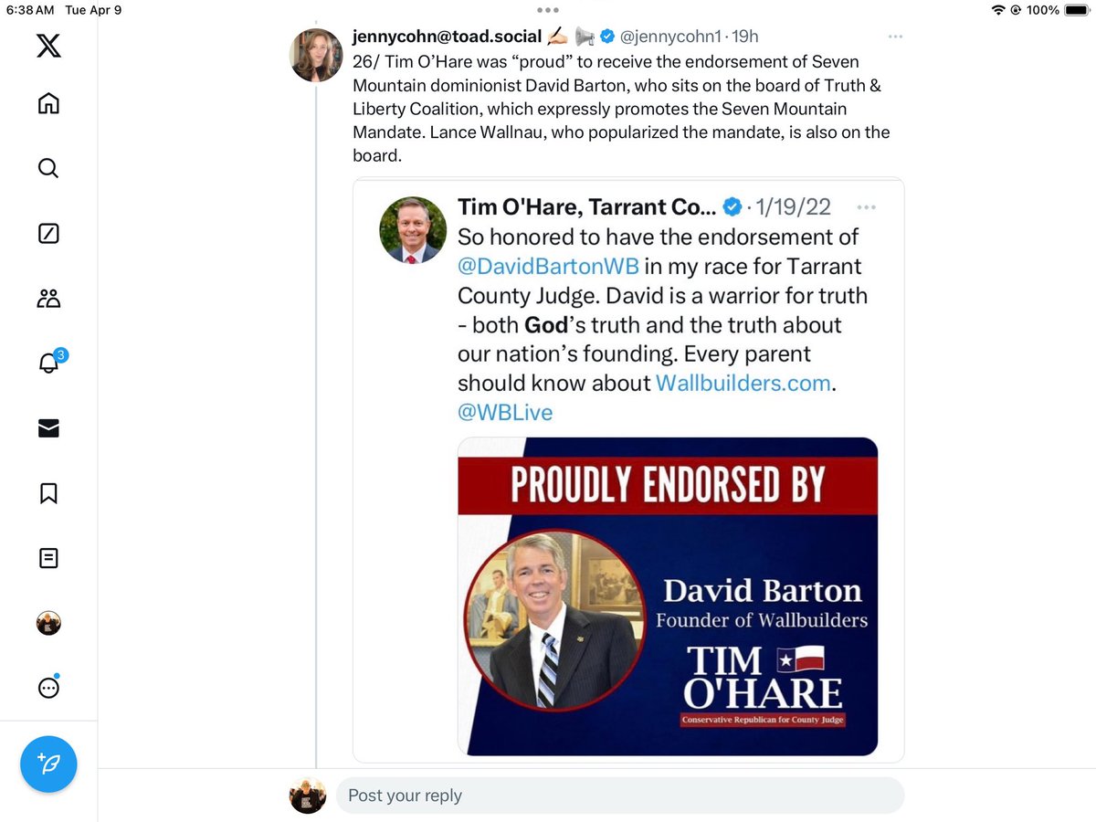 @jennycohn1 Good work. Follow @jennycohn1 
She is all over the Tarrant County Judge Christian nationalist @TimothyOHare and The cadre from Barton to Wallnau! 
Tarrant Co is a target county to win! 
Help us turn Tarrant Blue!
#DemocratsDeliver