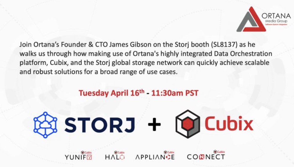 CTO & Founder of @ortanamg will be at @storj's booth in S Hall SL8137 Tue 11:30 PST @NABShow 🎤 He'll show how to combine Ortana's Data Orchestration platform with Storj's cloud storage solution for high-performance in a range of scenarios. Mark your calendars & stay tuned for