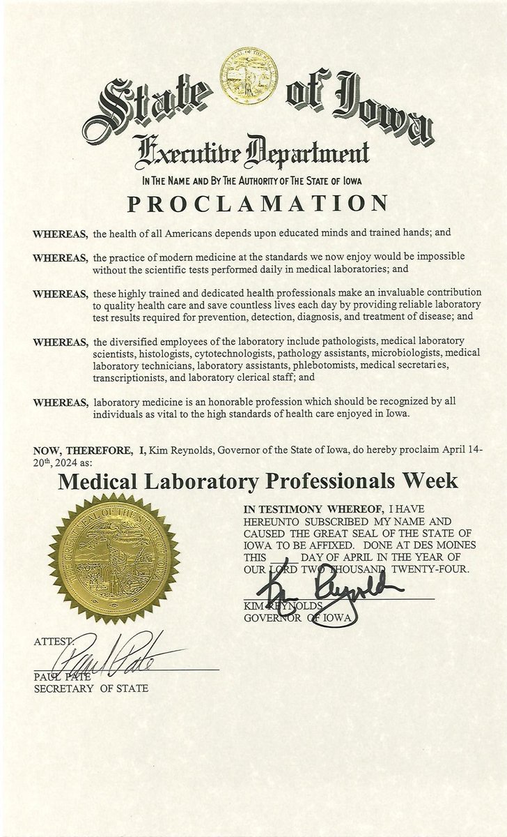 Kicking off Medical Laboratory Professionals Week with a Proclamation from the State of Iowa! 

Congratulations to all of you for this recognition of the work you do every day! #MLPW #Lab4Life #IamASCLS