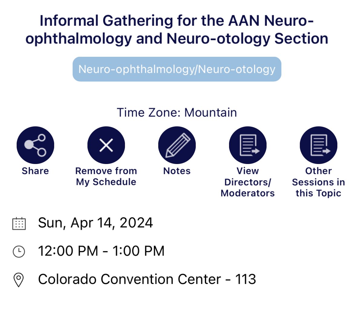 Join the Neuro-Ophthalmology and Neuro-Otology Section informal social today at 12:00! ⁦@AANmember⁩ ⁦@NANOSTweets⁩ #AANAM #neuroophthalmology #neuroophth #neurootology #brain #eyes