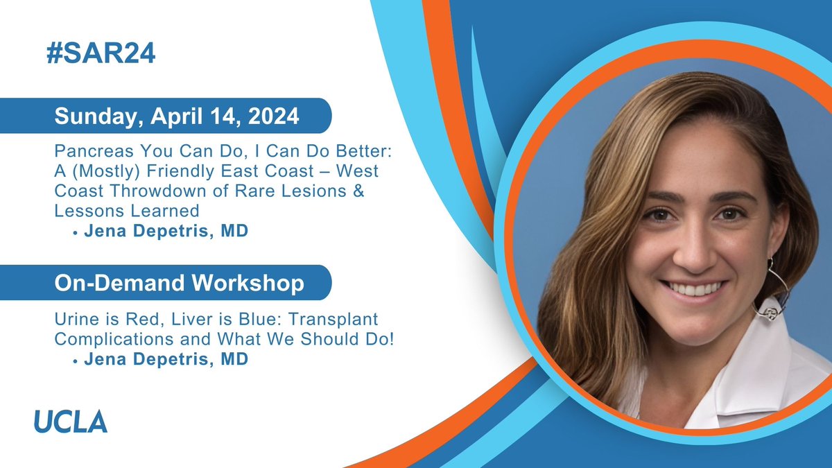 At #SAR24, @RadiologyUcla's @JenaDepetrisMD will be discussing the pancreas today with Dr. Lyndon Luk. Make sure to also check out Dr. Depetris' On-Demand Workshop 'Urine is Red, Liver is Blue: Transplant Complications & What We Should Do!' @SocietyAbdRad