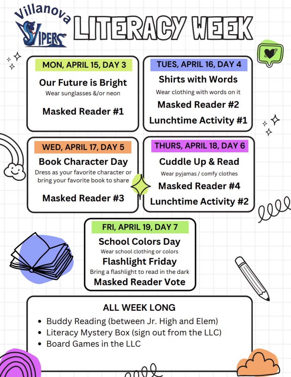 Villanova Literacy Week📚 begins tomorrow! Monday's theme is "Our Future is Bright" - students and staff can celebrate by wearing sunglasses and bright colors 😎