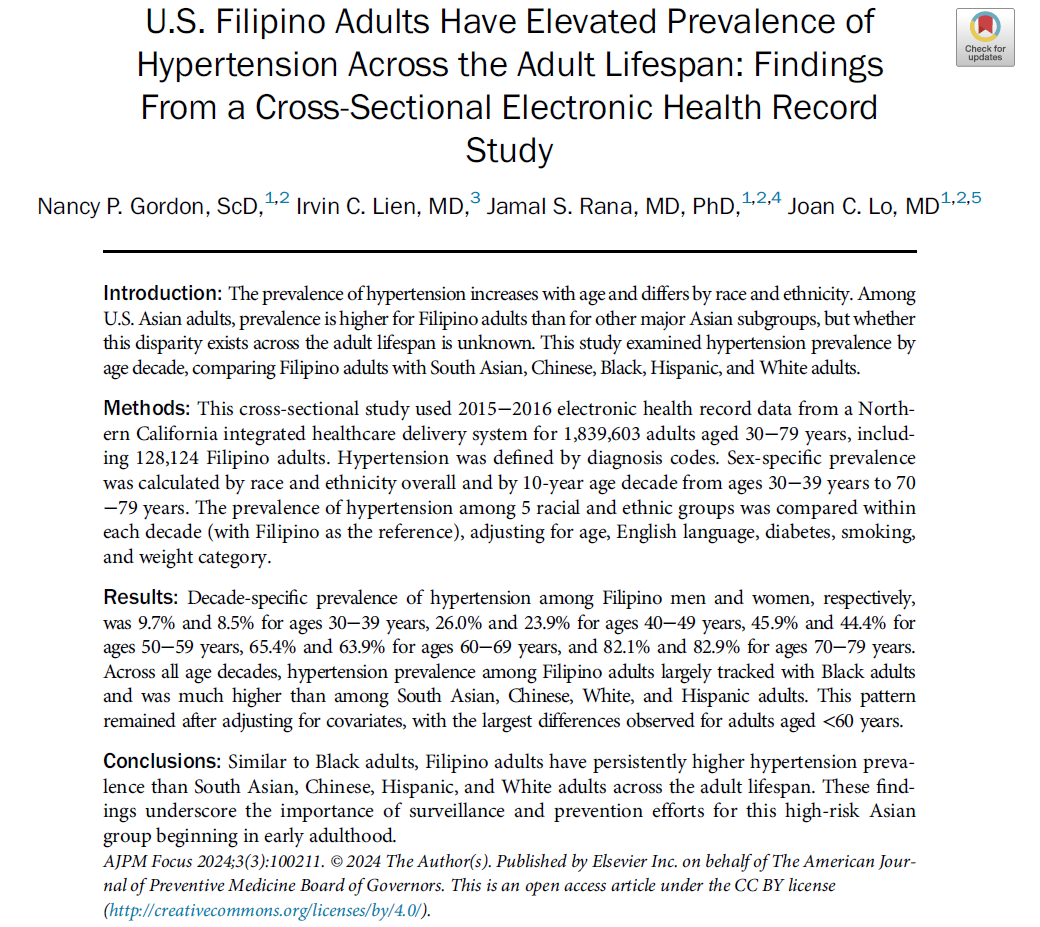 JamalRanaMD's tweet photo. @SaurabhSDani @jaideeppatelmd @virani_md @AAgarwalaMD @RomitB_MD @DineshKalra @aarti693 @SarjuGanatraMD Time to disaggregate "Asian" as one group in U.S. when it comes to cardiometabolic 🩷 risk & prevention. 'South Asians' higher risk for diabetes and we found 'Filipino Asians' higher prevalence of hypertension across lifespan! Our paper in @AJPMFocus
https://t.co/JK1FTUzGka https://t.co/6AaSJMNq3w
