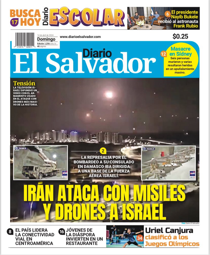 ¡Buenos días! ☀️ 🌤 Esta es la portada de #DiarioElSalvador para este domingo 14 de abril de 2024.