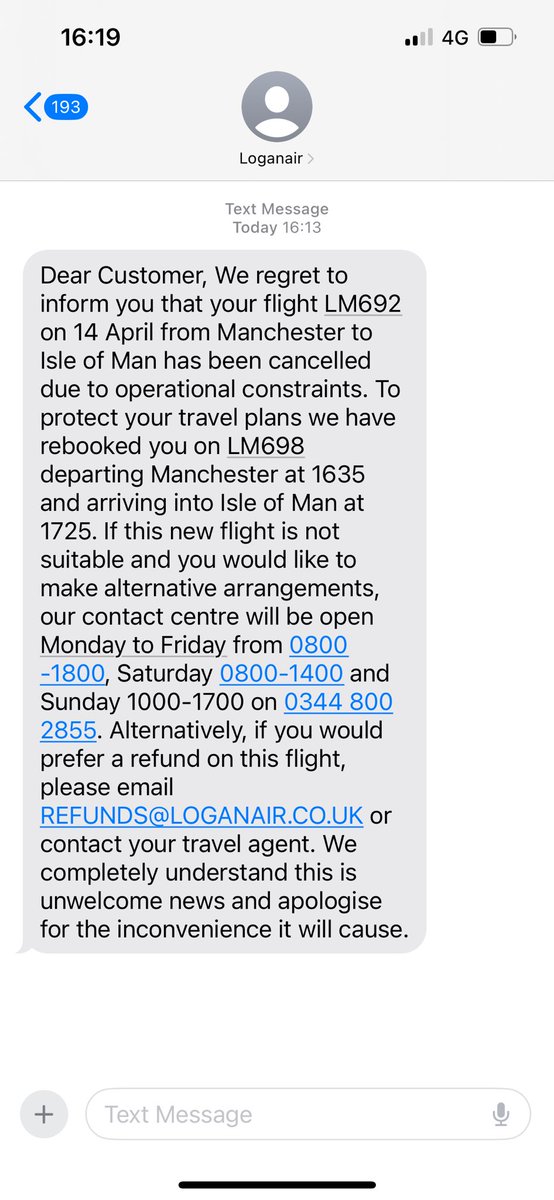 Thanks for keeping me informed via text several hours after my canceled flight was due to leave. Top admin from @FlyLoganair 🙄