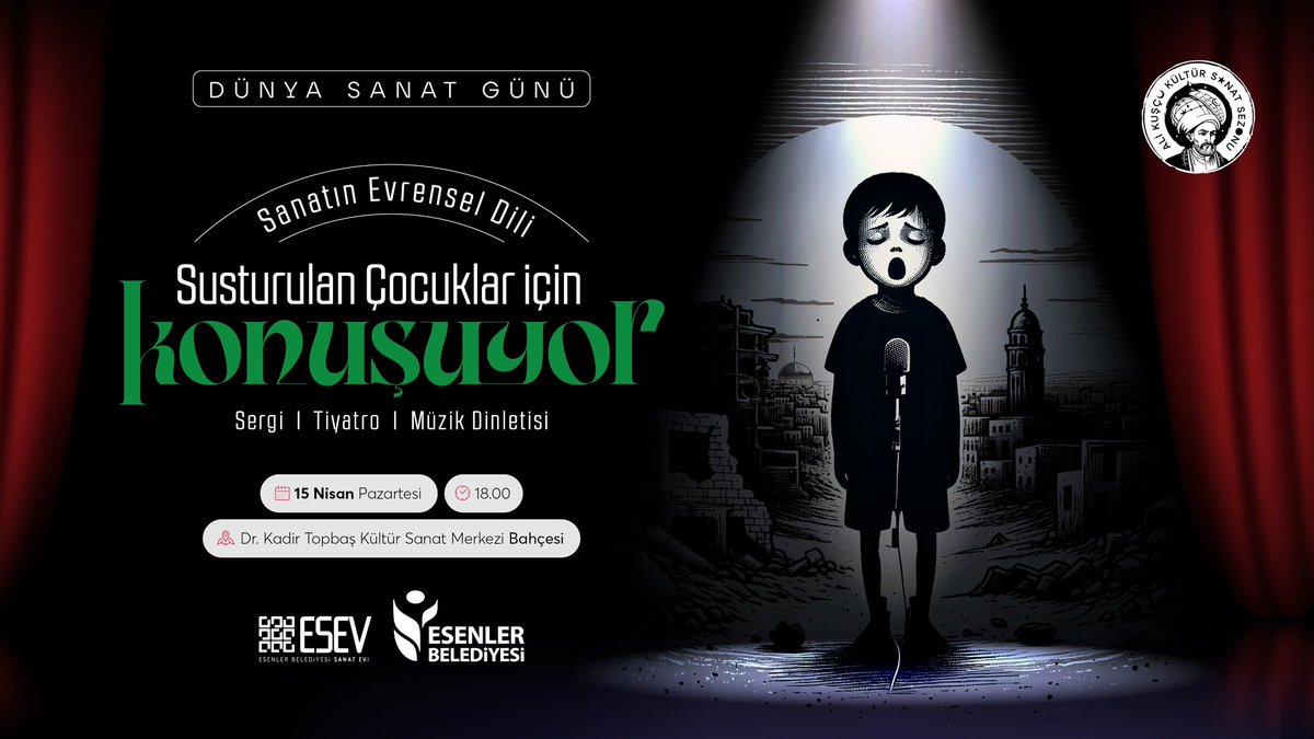 Filistin'de yaşanan insanlık dışı olaylara tepkimizi göstermek ve masum kardeşlerimize destek olmak amacıyla #DünyaSanatGünü’nde bir araya geleceğiz. 🇵🇸 ESEV eğitmen ve öğrencilerimizin hazırlamış olduğu tiyatro, sergi ve müzik dinletisinin yer alacağı özel programımız, yarın…