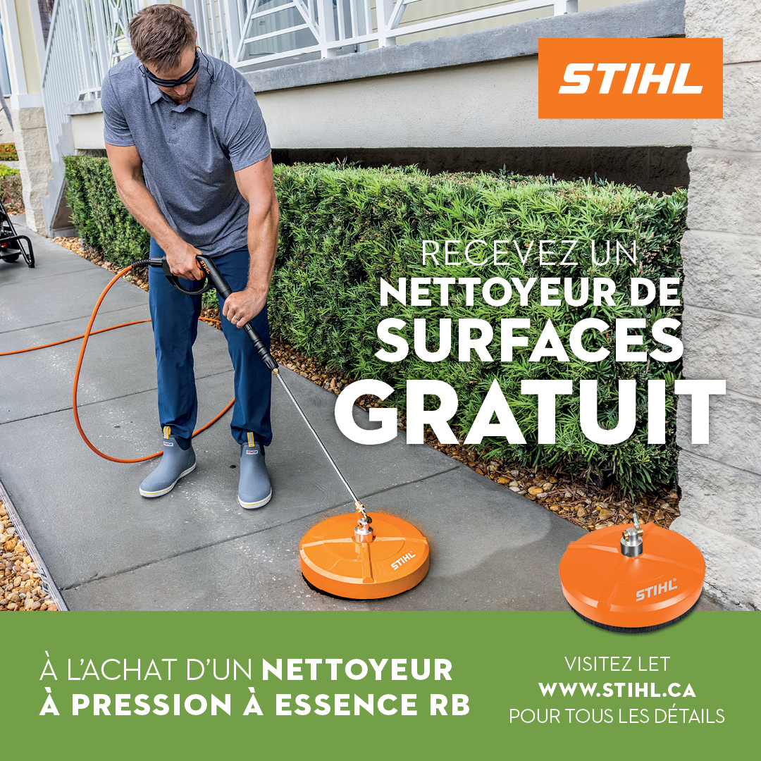 STIHL offre un nettoyeur de surfaces rotatif GRATUIT à l’achat de tout nettoyeur à pression à essence RB.

L’offre n’est valide que sur les achats faits entre le 1er Janvier et le 28 juin 2024.  Contactez votre détaillant pour plus de détails!

#promo #stihl #nettoyeursàpression