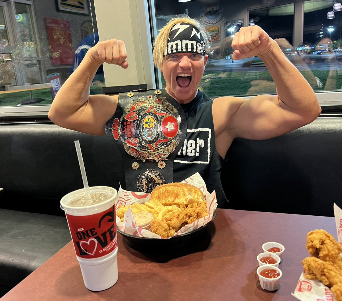 And STILL your MMWA Champion……. Slammer!!! After wrestling victory food at @raisingcanes!!!