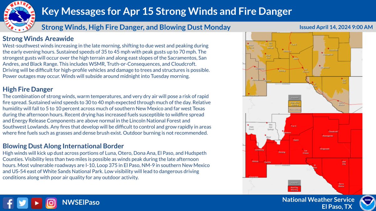 ⚠️Strong winds bringing multiple weather hazards tomorrow. Be sure to secure outdoor objects and avoid burning. #nmwx #txwx