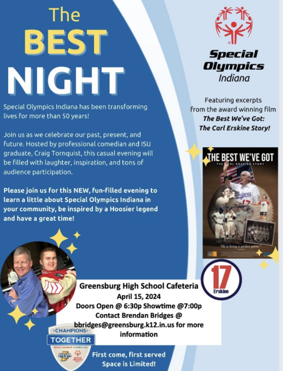 April 15th at @GCHSPirates in the Cafe. Hosted by @gchschamp1. Doors open at 6:30, program starts at 7p. Learn more about @ChampsTogether and @SOIndiana.  See poster for more details. @GreensburgElem @GJHSPirates @gc