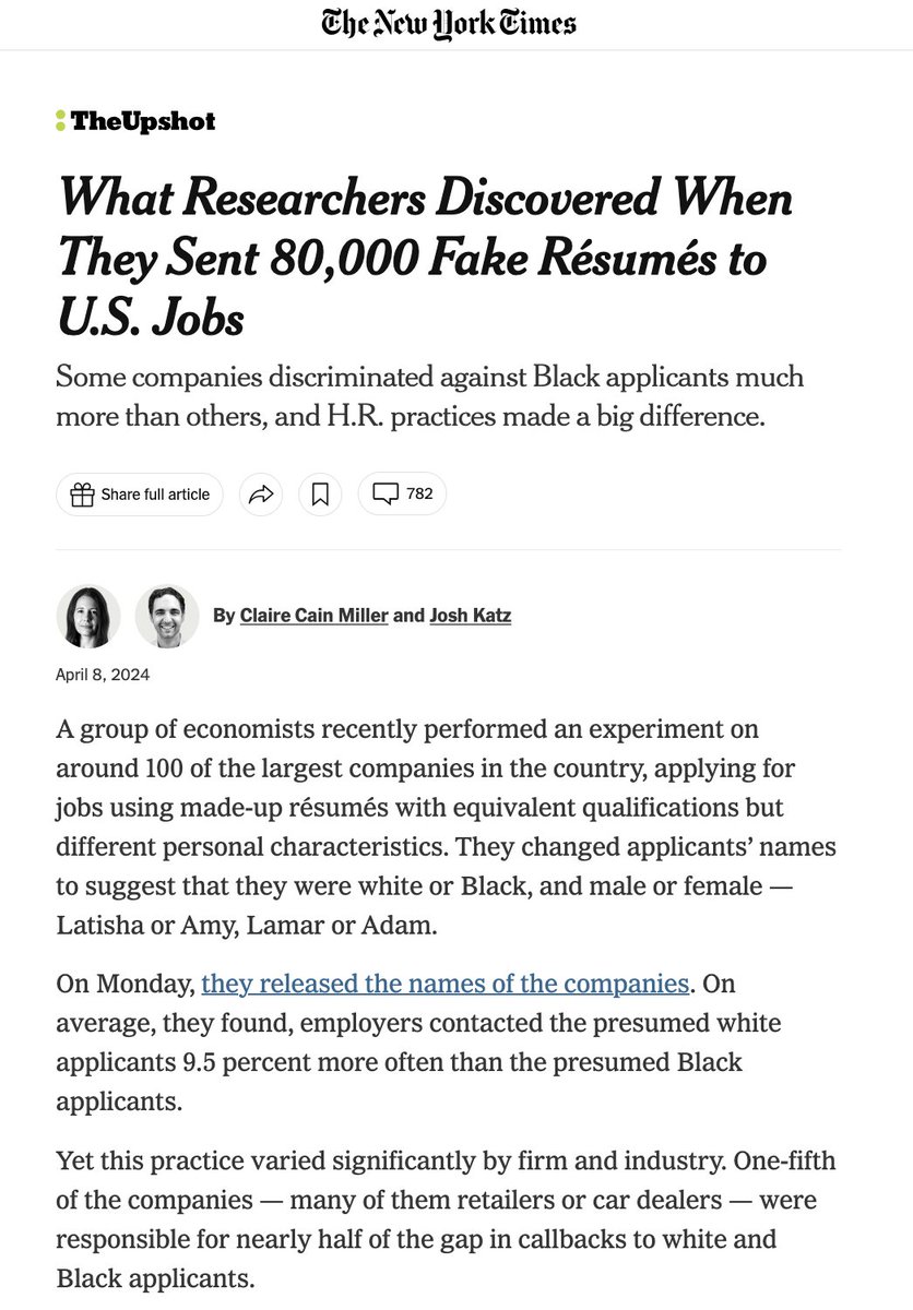 When researchers sent 80,000 fake résumés to jobs they found: -racial discrimination: employers gave 10% more call backs to White vs. Black applications -no gender discrimination -no LGBT discrimination One thing predicted less discrimination: a centralized HR operation.…