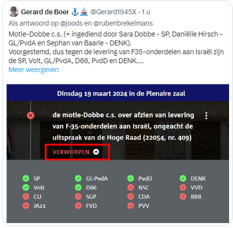 Partijen die graag hadden gezien dat Israel zich gister niet had kunnen verdedigen: SP, VOLT, GL/PvdA, D66, PvdD en DENK. Kortom: the usual antisemites.