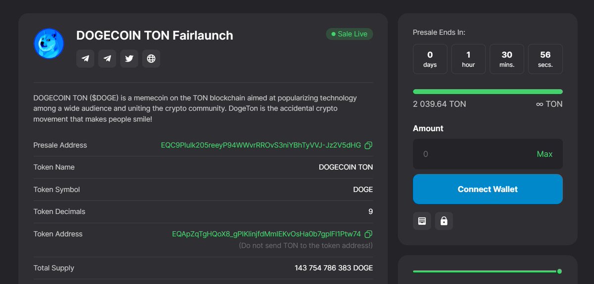 1️⃣hour left to join $DOGE presale! 📷 Last chance to join the blast-off DOGECOIN TON! 📷 tonraffles.app/jetton/fairlau…
#DOGE #DOGECOIN #TON #presale #ElonMusk #Fairlaunch