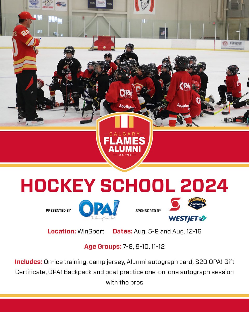 Our 2024 Hockey School is filling up quickly! If you have a child between the ages of 7-12, make sure you register them for our August camp at @WinSportCanada! Sign up today: bit.ly/43CG2kn @OPAofGreece | @scotiabank | @WestJet | @fhcreamery