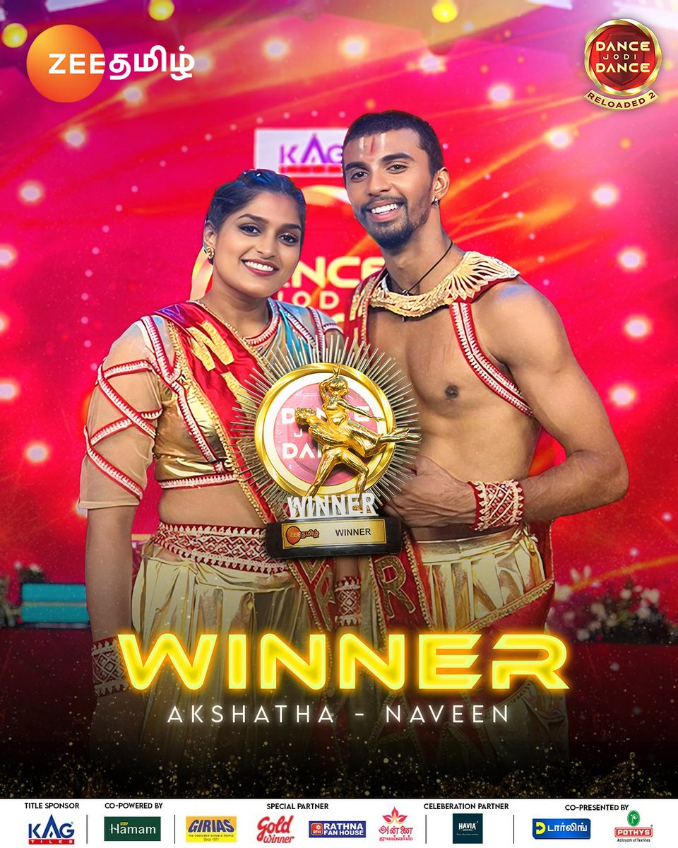ZeeTamil's tweet photo. Winner of Namma DJD Reloaded 2 🔥
DJD Reloaded 2 | Grand finale | April 14 | Sunday at 4.30pm

#DanceJodiDanceReloaded2 #DanceJodiDance #DJD #DjdFinale #FinaleFever #DaffeeNaveen #Akshatha #ZeeTamil https://t.co/VITm5BKjKh