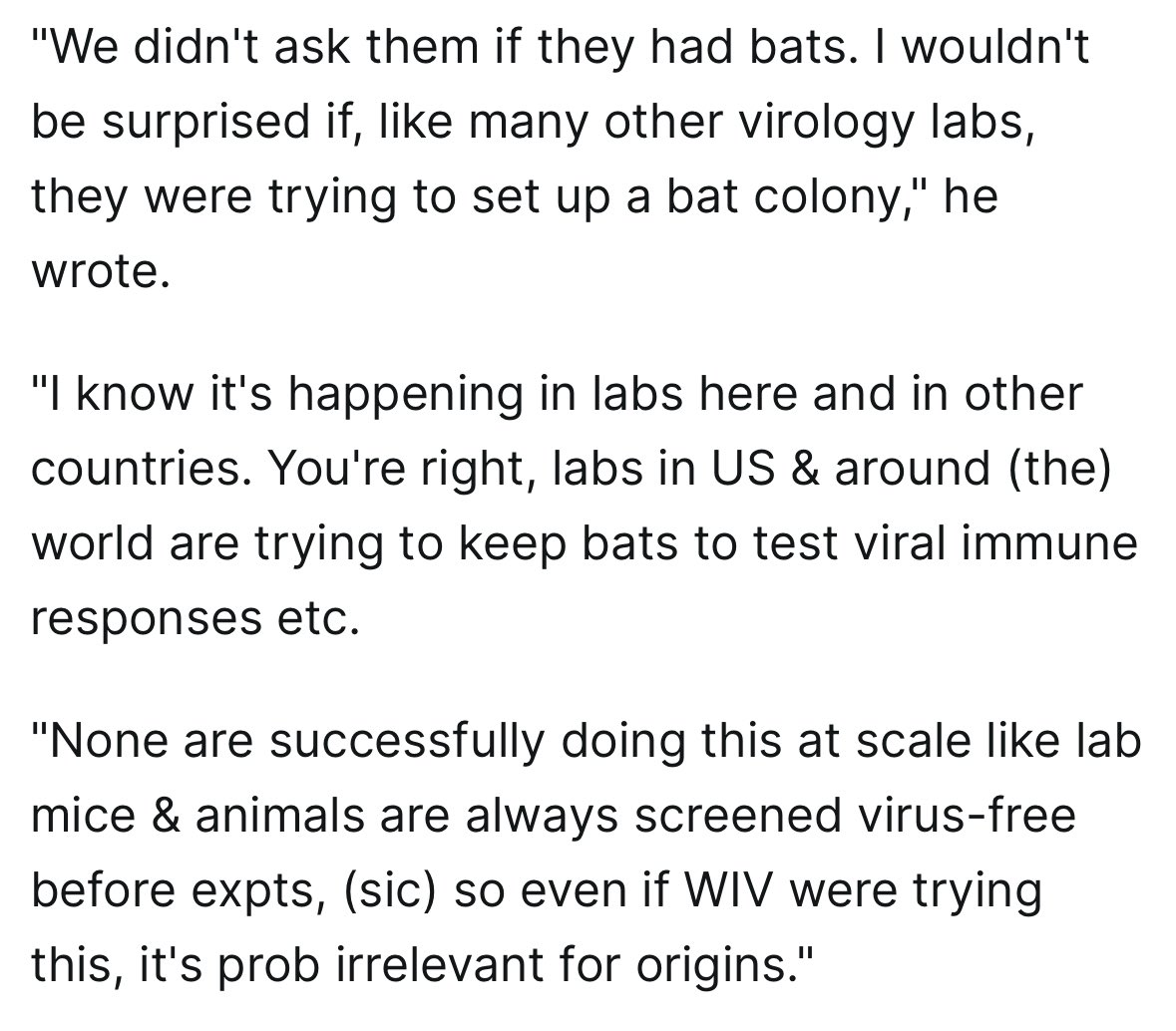 One of the most absurd false claims of @PeterDaszak was when he claimed the Wuhan Institute of Virology did not keep live bats. As he so often does, Daszak offered an absurd excuse when evidence emerged that proved his previous statement false.