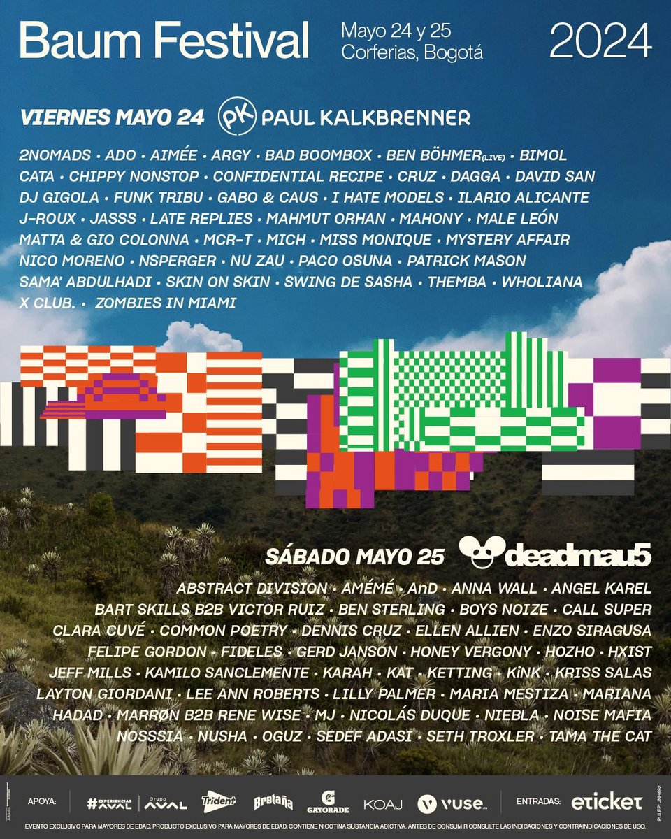 Todo listo para el @BaumFestival_ 2024 que se realizará en @CorferiasBogota los días 24 y 25 de mayo. Un cartél impactante, comandado por @paulkalkbrenner y @deadmau5 para dos días de fiesta imperdibles. Nos vemos en la pista de baile... @paramo_presenta