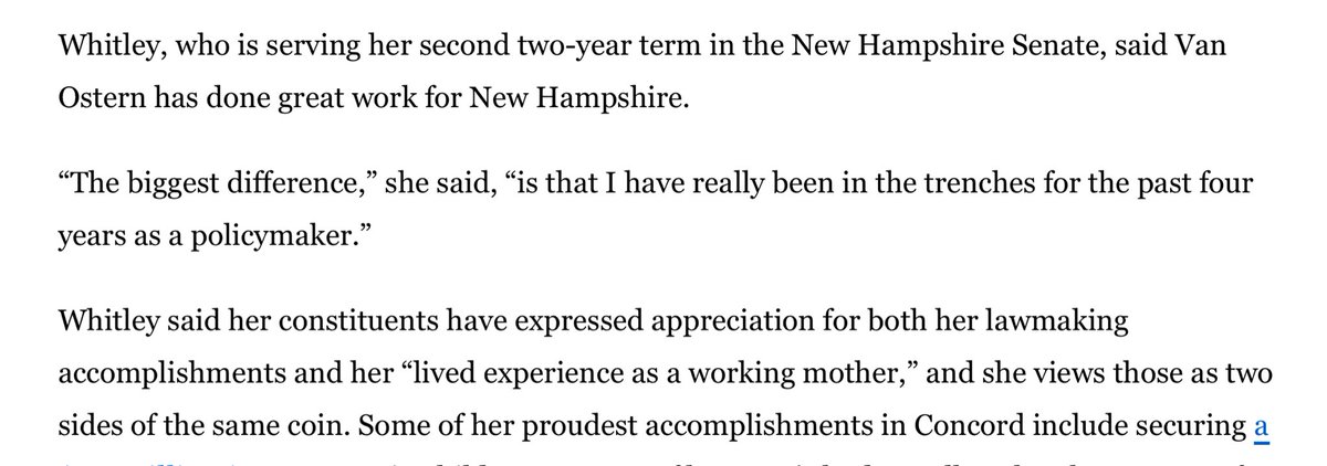 reporterporter's tweet photo. What does Becky Whitley see as the biggest difference between her and Colin Van Ostern (her Democratic opponent in the #nh02 race)?  

“I have really been in the trenches for the past four years as a policymaker,” she said.
https://t.co/9XE6CZdMDd #nhpolitics @Globe_NH https://t.co/KyFAmygyYO