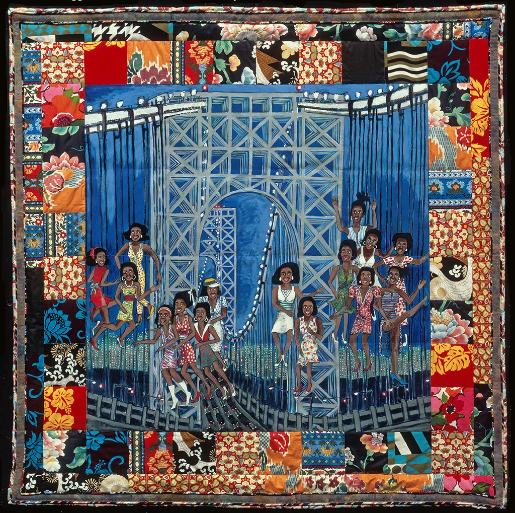 'Dancing on the George Washington Bridge' quilted artwork #womensart RIP, #FaithRinggold, pioneering US artist/activist.