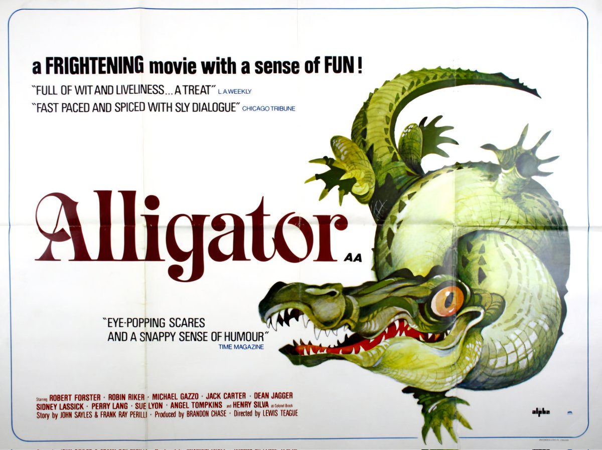 TheFilmFair's tweet photo. British film poster for #Alligator (1980 - Dir. #LewisTeague) #RobertForster #RobinRiker #HenrySilva #DeanJagger https://t.co/eF6ZeMTGd9