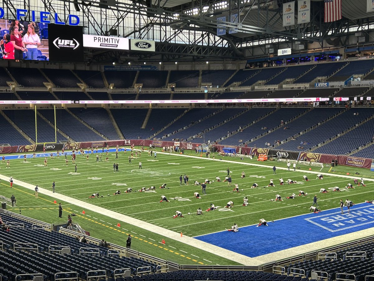 Arrived at Ford Field in Detroit for today’s UFL game between the Michigan Panthers and Houston Roughnecks. Kickoff at noon on ABC.