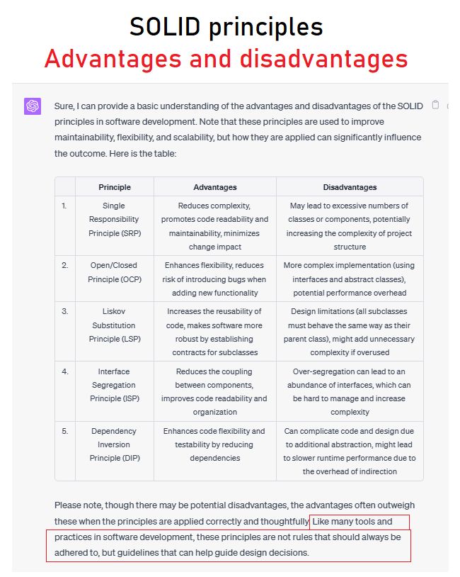 Solid principles - Advantages and disadvantages I asked ChatGPT for the advantages and disadvantages of the SOLID principles. I think the table below is pretty fair and balanced?
