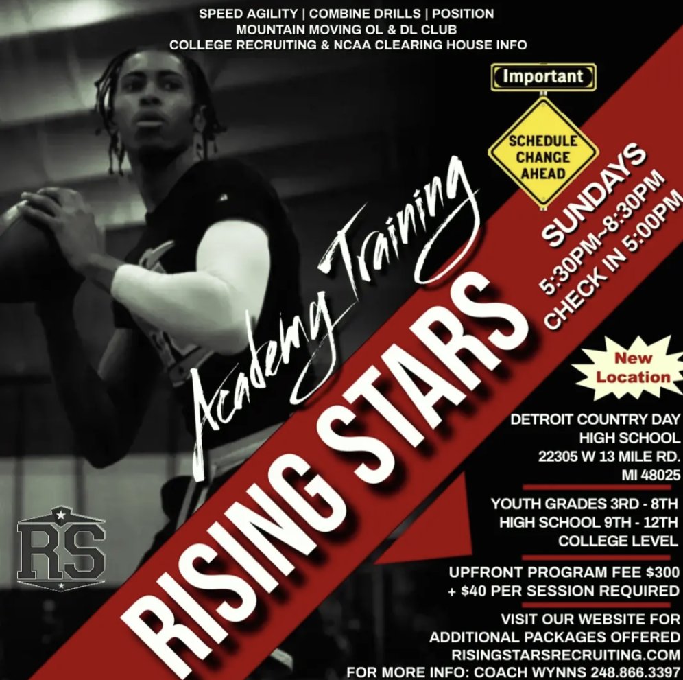 Reminder *Schedule Change &amp; Location* RS Academy Training 
*Sundays 5:30pm 
*Detroit Country Day High School