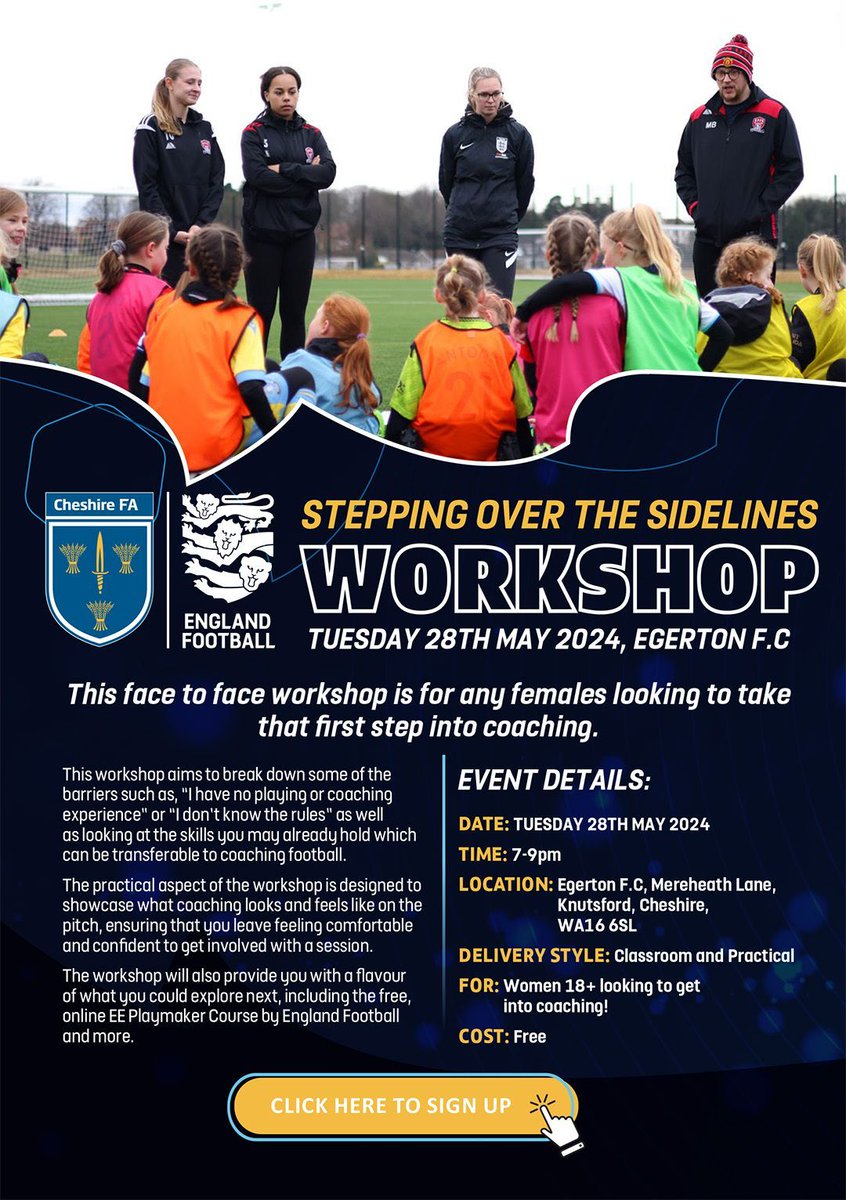 Aspiring female coaches are invited to join us for our next Stepping Over the Sidelines event at <a href="/EgertonFC/">Egerton FC</a> on Tuesday 28 May. 

This 🆓 workshop provides insight into how to get into coaching and steps you can take afterwards.

👉 buff.ly/4aw3B0K