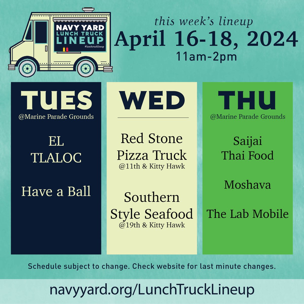 We have a great lineup for you this week! Check it out! #navyyardeats #lunchtrucklineup #discovertheyard #navyyardphilly