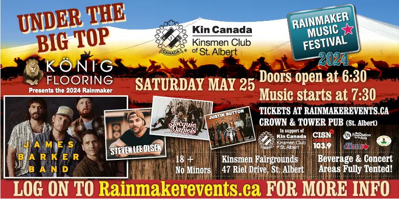 4⃣1⃣days to @CISNCountry💋welcomes the Rainmaker Country Concert May 25 2024. Featuring @jamesbarkerband, @StevenLeeOlsen, #JacquieDaniels, and #JustinSutton. Buy Tickets: rainmakerevents.ca/Buy-Tickets Win🆓Tickets ⤵️⤵️⤵️ ✅➡️➡️➡️cisnfm.com/contest/18846/…