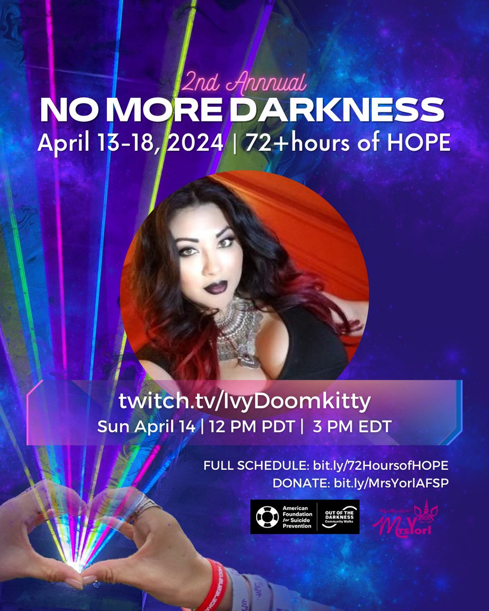 Today's the day! I'll be streaming at 12pm PT on my Twitch Channel for @AFSPNevada 501c! All bits, subs, donos during my stream will be donated as well to AFSP. Twitch.tv/ivydoomkitty