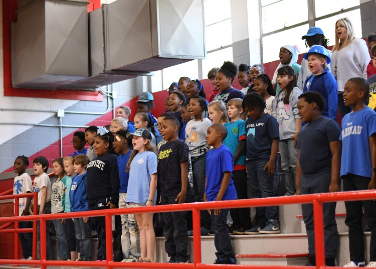 WinonaDistrict's tweet photo. The students at WES will rock their tests! Such an exciting pep rally for grades 3-6! Thank you to the WHS cheerleaders, dance team, the drum line, and especially to the MSU football players for pepping the students up! #RockThatTest #TheTigerWay https://t.co/OGBOax2khx
