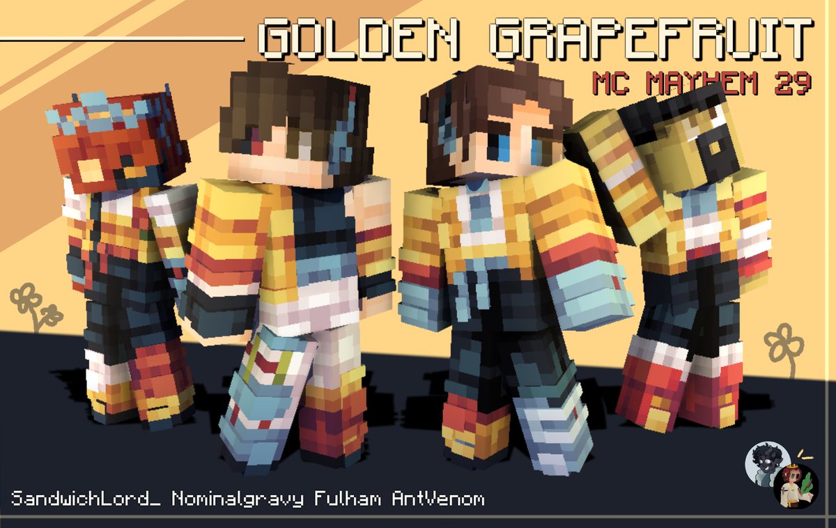 👑 MC Mayhem 29 Golden Grapefruit skins 🍇 ➟ collab w/ @Akoumora ‒ rts are very appreciated!! :D ⇃ Download links for the skins below! ⇂ [ #minecraftmayhemfanart #minecraftmayhemskins #goldengrapefruit ]