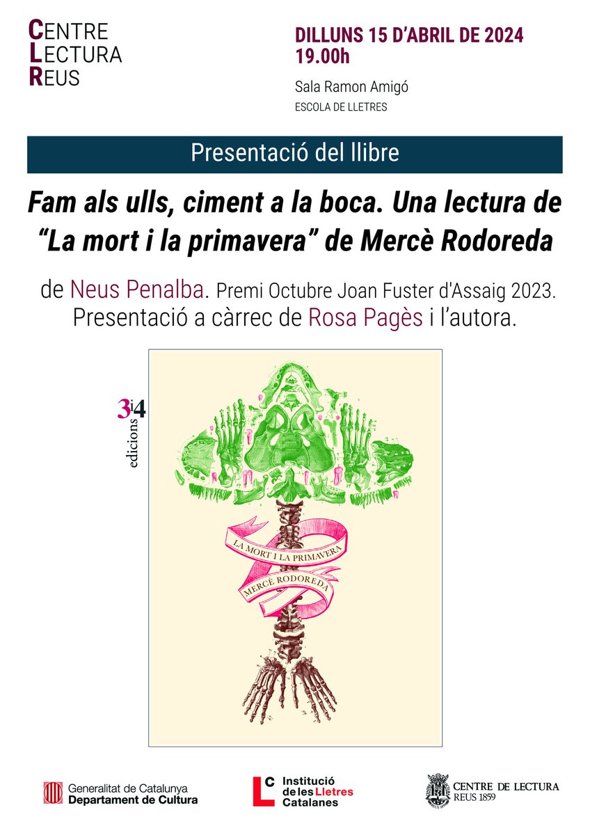 Gent de Reus! Demà, dilluns 15 a les 19h, no us perdeu la presentació al @centredelectura de 'Fam als ulls, ciment a la boca', l'assaig sobre Rodoreda de @neus_penalba. L'autora hi conversarà amb Rosa Pagès.