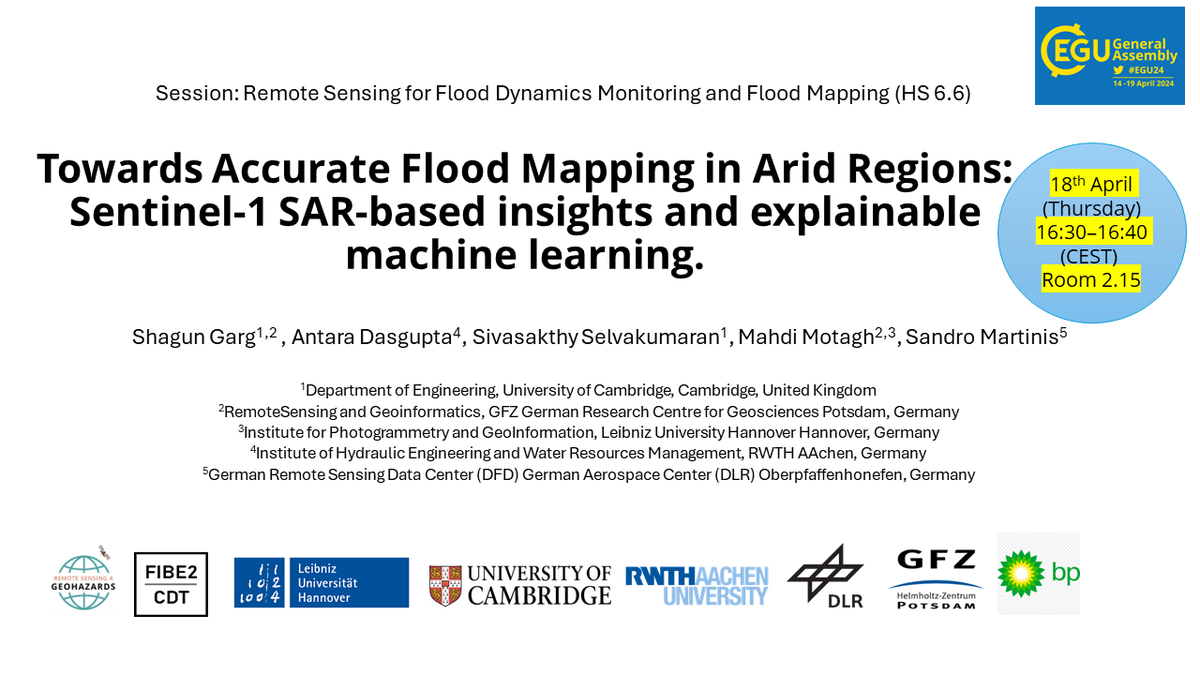 ShagunGarg1511's tweet image. Excited to present some results on using #SAR #satellites for #flooddetection in arid regions this #EGU! Join me for the talk on Thursday (16:30 - 16:40) in room 2.15 :)