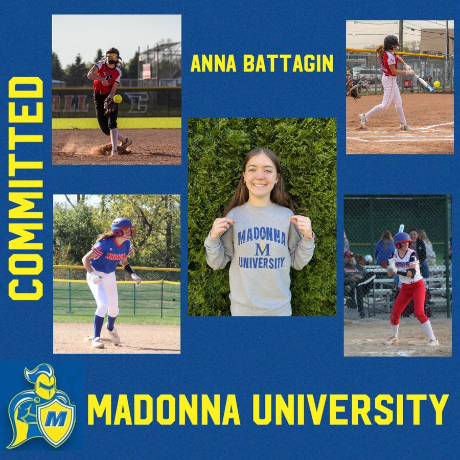 AnnaBattagin's tweet photo. I am very excited to announce my verbal commitment to Madonna University to further my academic and softball career! Thank you to everyone who has supported me. I am so excited for what the future holds! Go Crusaders! 💙💛 @pezzplayers @MUCrusadersSB @Madness20252026 @CoachAbeV https://t.co/V36Q53ERCG