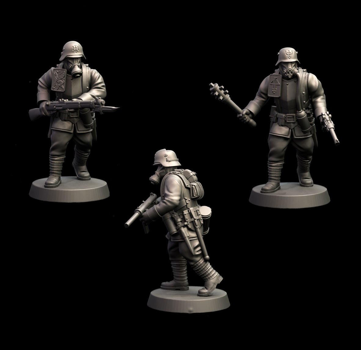 WIP Multipart Heretic legionaries for the next official Trench Crusade release, this is the same base body pose with different loadout and head options.