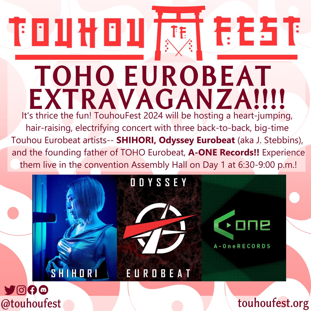What's better than Eurobeat? MORE Eurobeat! Get ready for a special 3 hour concert featuring Shihori, Odyssey and A-One Records Saturday, April 27th, evening at TouhouFest 2024 from 6:30-9:30pm! A-One: @A_One_JP Odyssey: @OdysseyEB Shihori: @shihoriNY #touhoufest…