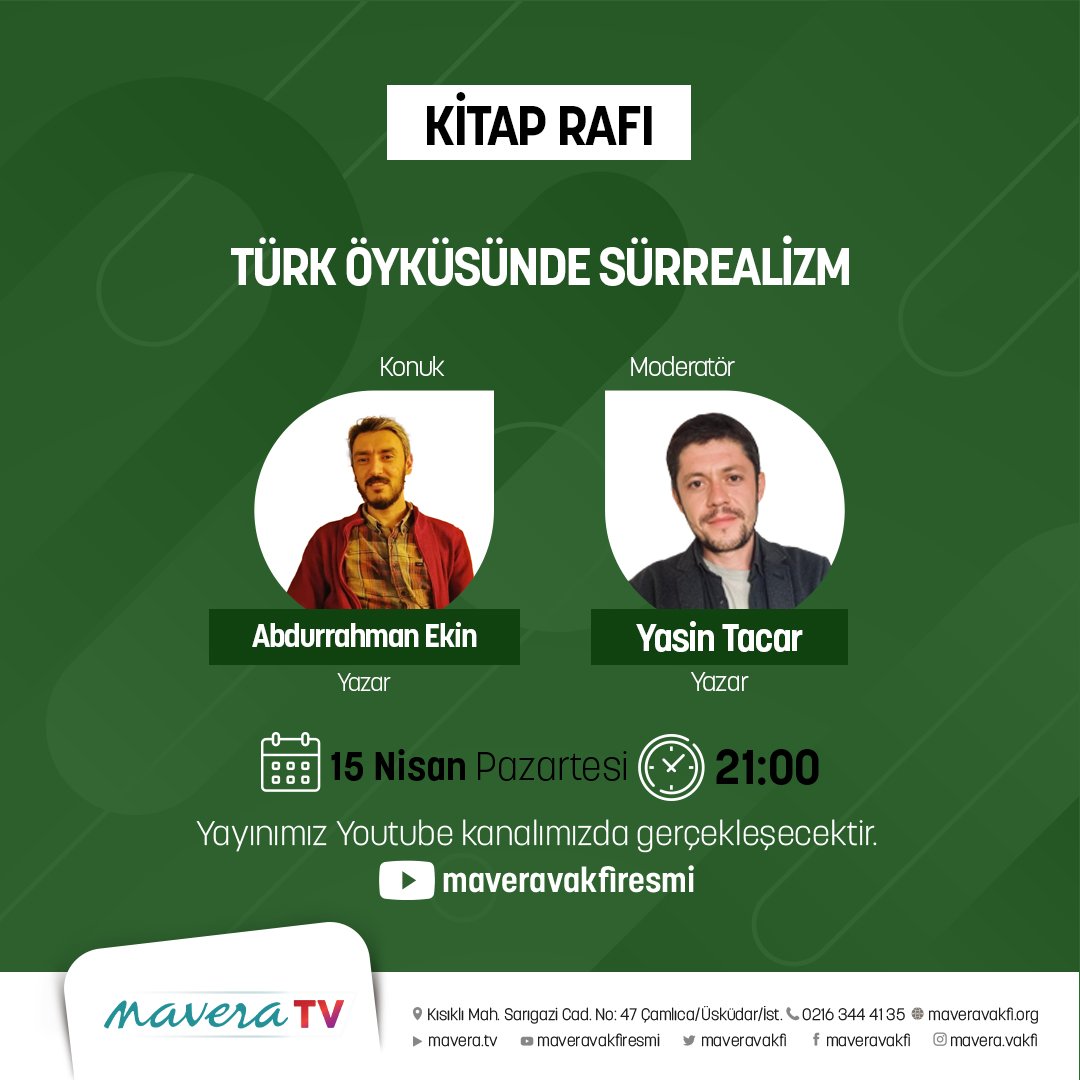 Pazartesi, 21.00’de YouTube Mavera TV'de. Abdurrahman Ekin ile Türk Öyküsünde Sürrealizm üzerine sohbet edeceğiz. Bekleriz.