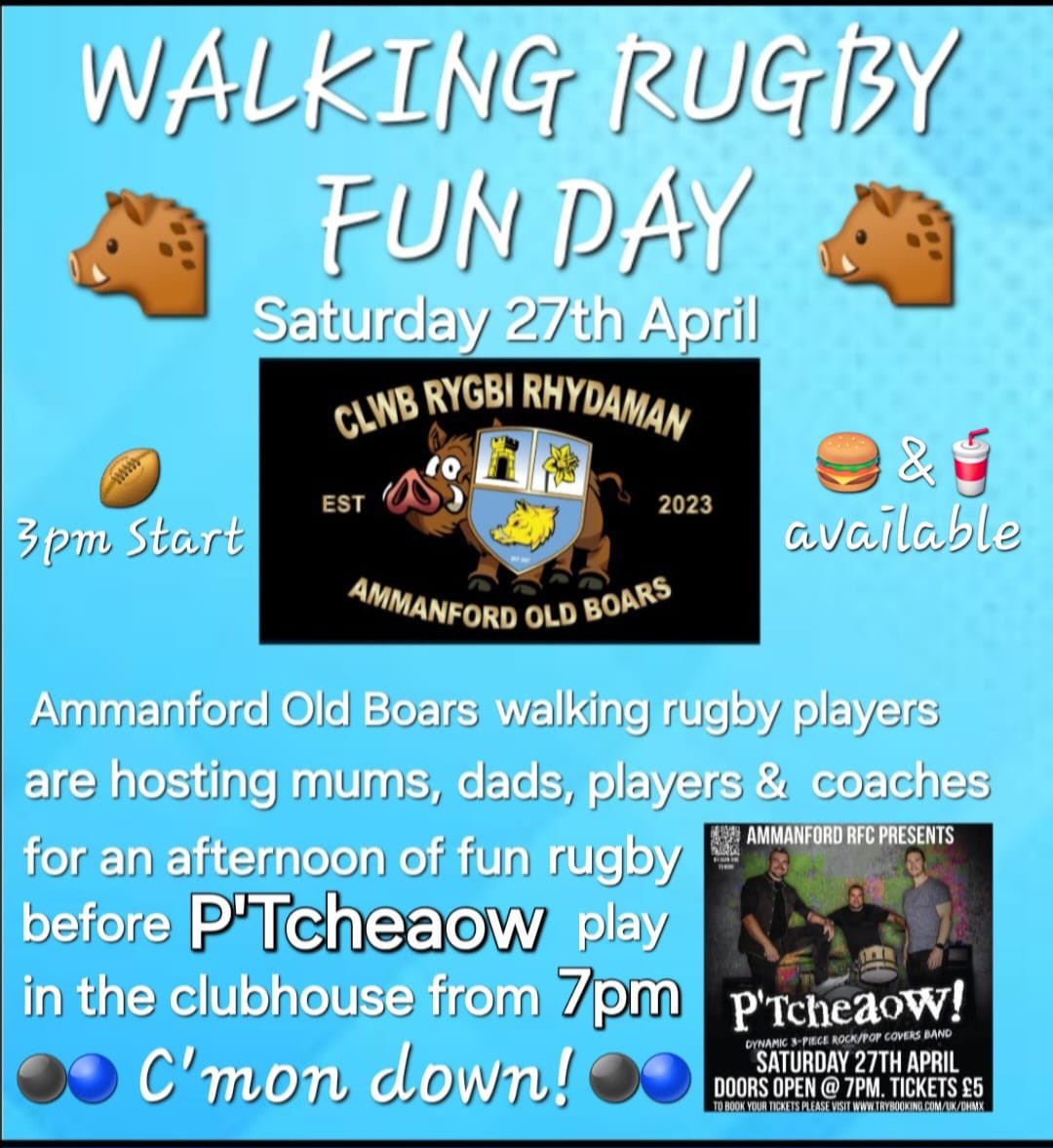 ⚫️WALKING RUGBY FUNDAY🔵 Saturday 27th April to celebrate a successful season for our Walking Rugby squad,we’re holding a festival+BBQ at the rec, with fantastic local band @ptcheaow from 7pm,get involved contact chrisdavies3023@btinternet.com or contact on X @chrisdavies3023